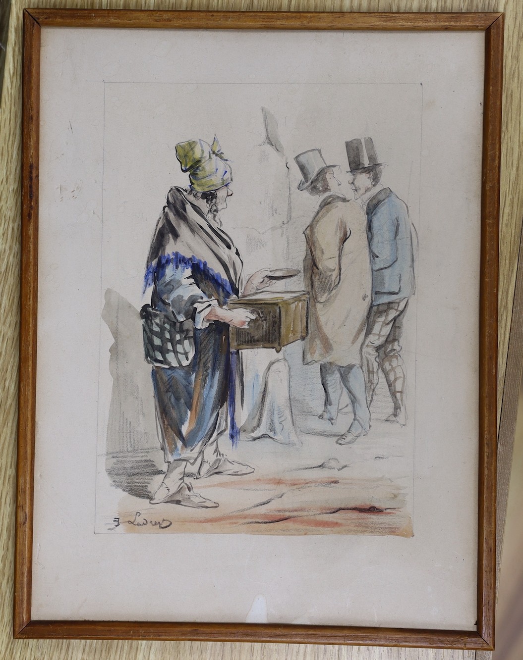 French School, pencil and watercolour, Street vendor and passing gentleman, signed, 23 x 16cm